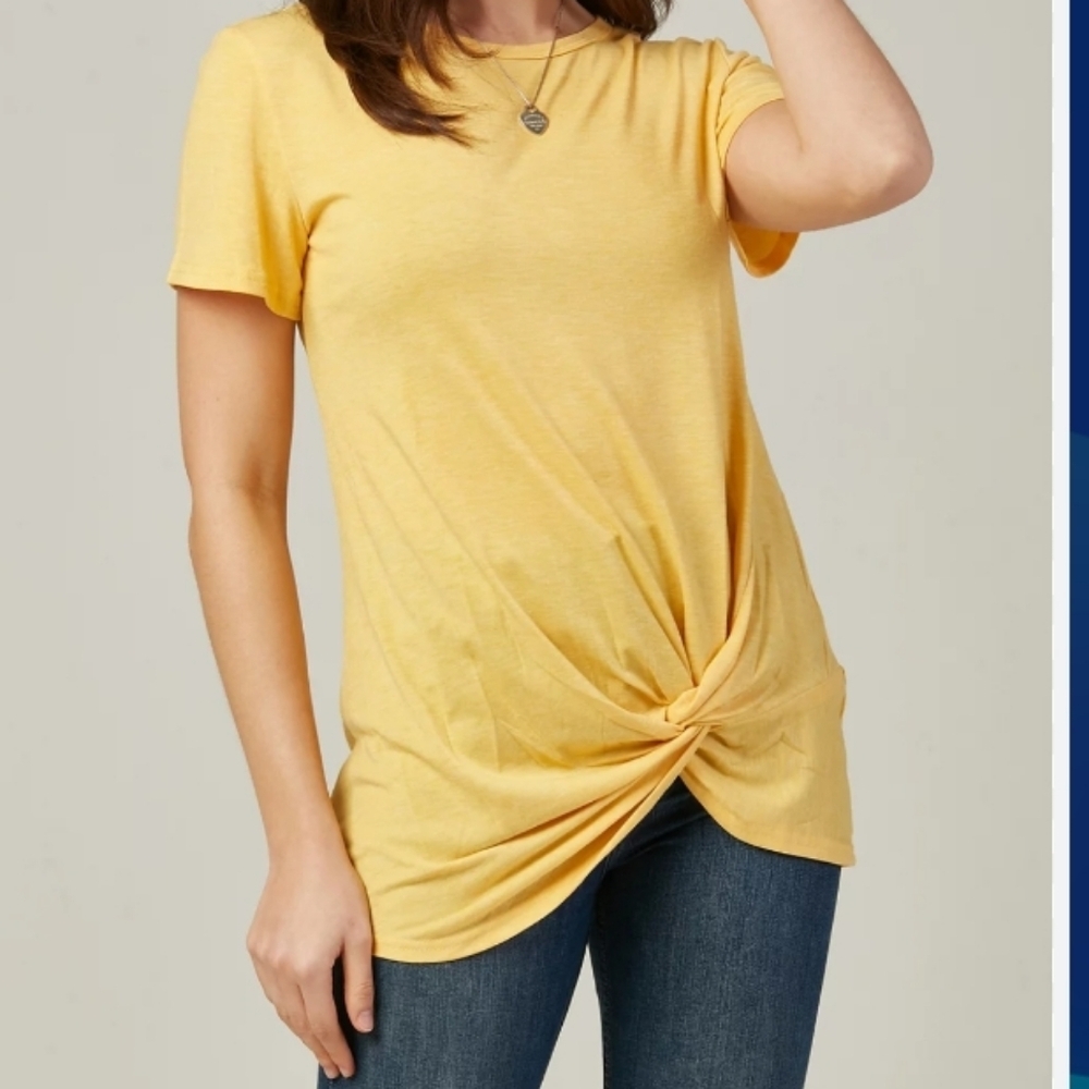 Yidarton (Size L) Yellow Semi-Burnout Side Knot SS Casual Tunic Top Shirt